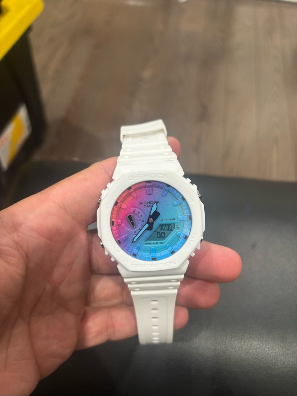 G-Shock White Case Watch with Pink-to-Blue Gradient Dial